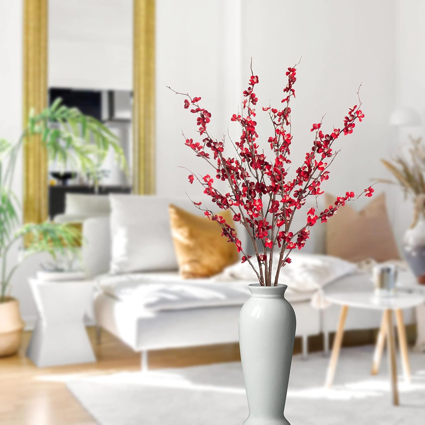 4Pcs Cherry Blossom Branches Artificial Flowers for Spring Summer Indoor Decoration,Faux Long Stem Artificial Flowers for Wedding Home Office Bedroom Party Table Centerpieces Decor(Red)