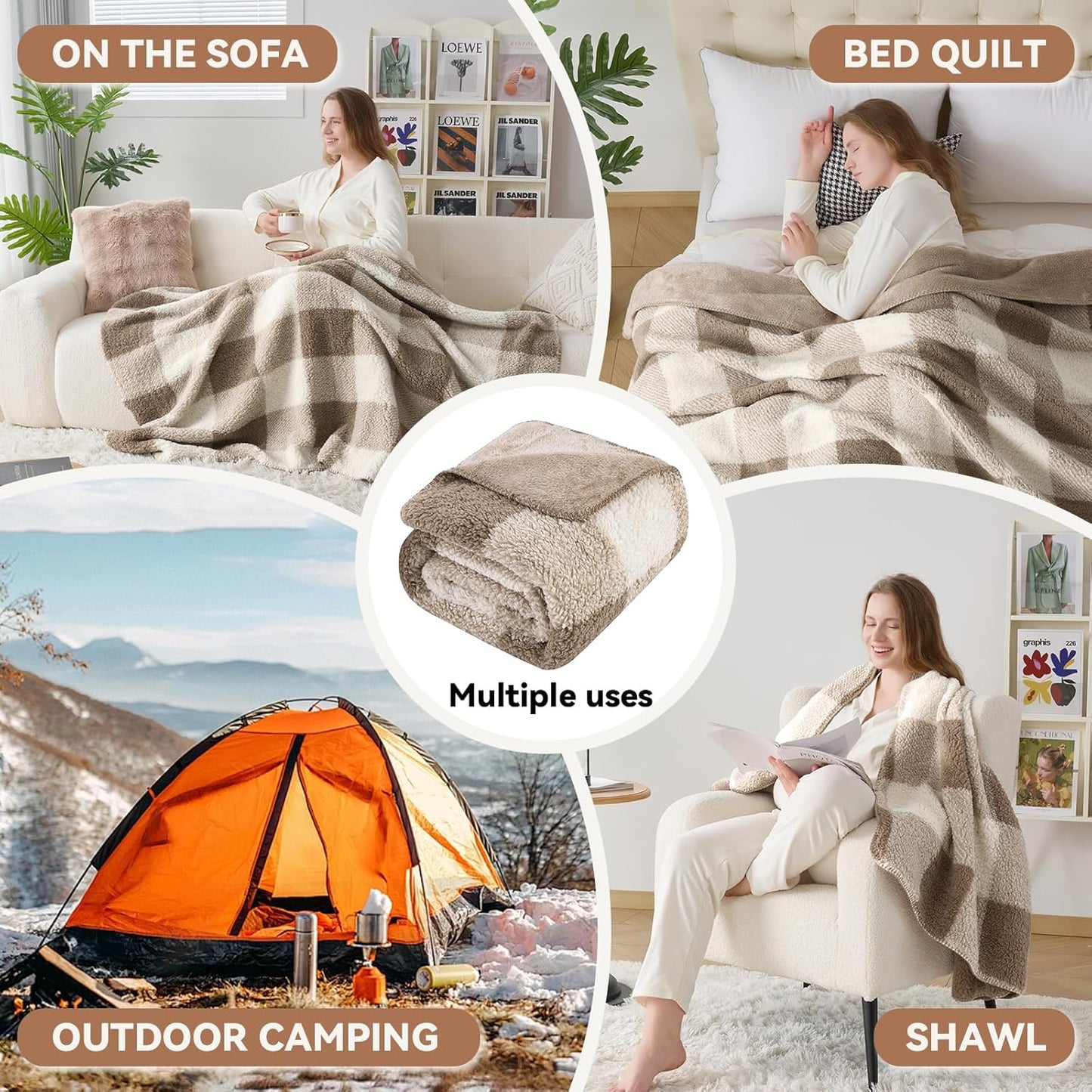 LURKA Checkered Sherpa Fleece Queen-Size Bed Blanket - Extra Thick and Warm Winter Soft Fuzzy Plush Blanket for Couches, Beds & Pets, Khaki, 90x90 Inches