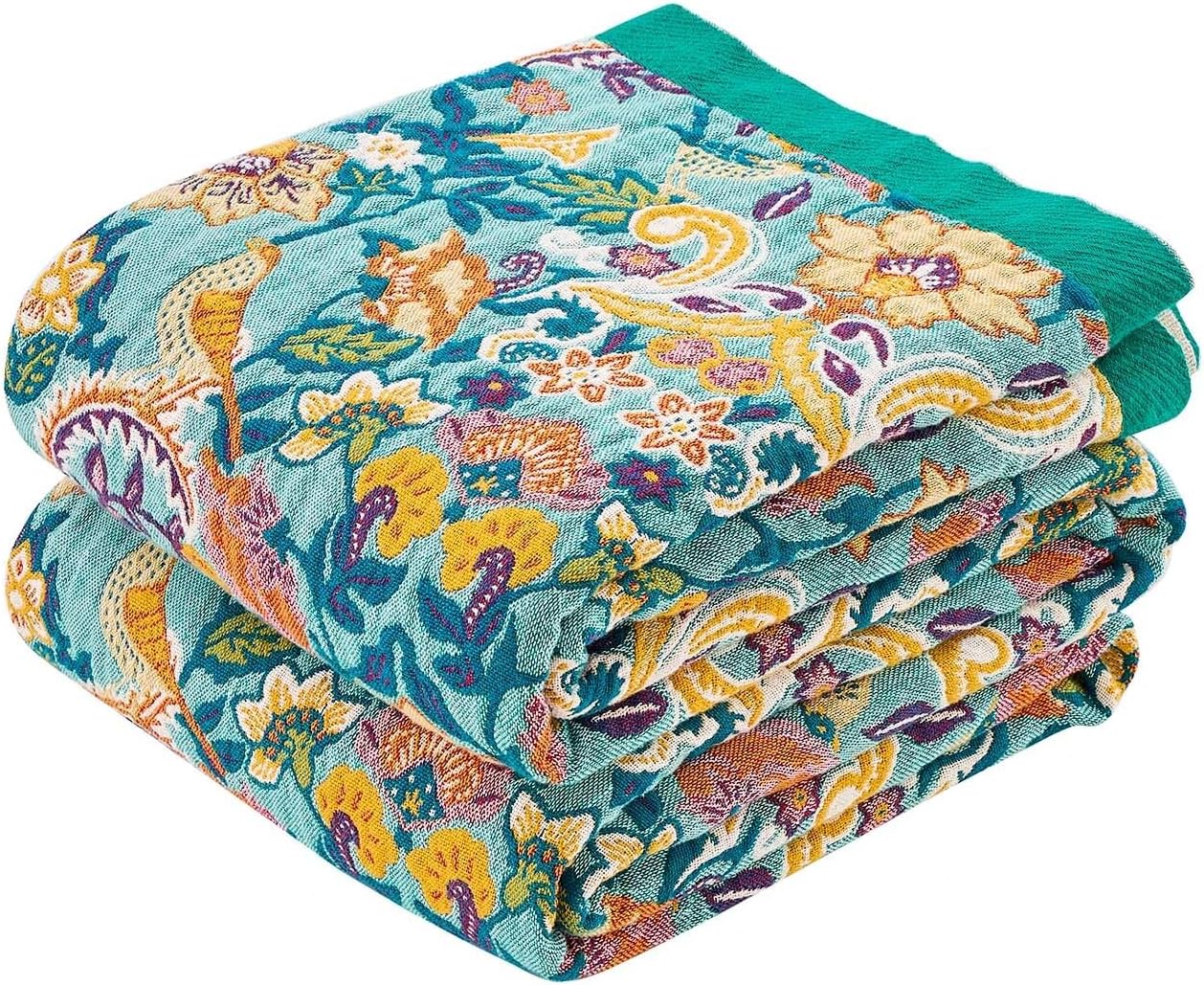 Boho Blanket Throw Quilt, 100% Cotton Soft Light Weight Throw Blankets for Summer, 90"x98" Farmhouse Flower Decorative Blankets, All Season Rustic Reversible Bohemian Throw Quilt