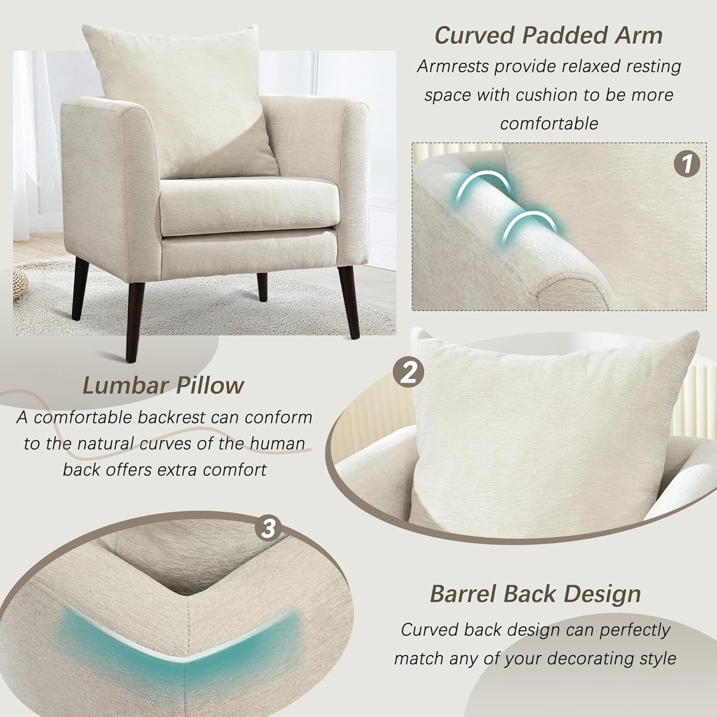 Barrel Accent Chair Set of 2 with Back Pillow, Large Upholstered Armchair with Solid Wood Legs Modern Reading Chairs for Living Room Bedroom