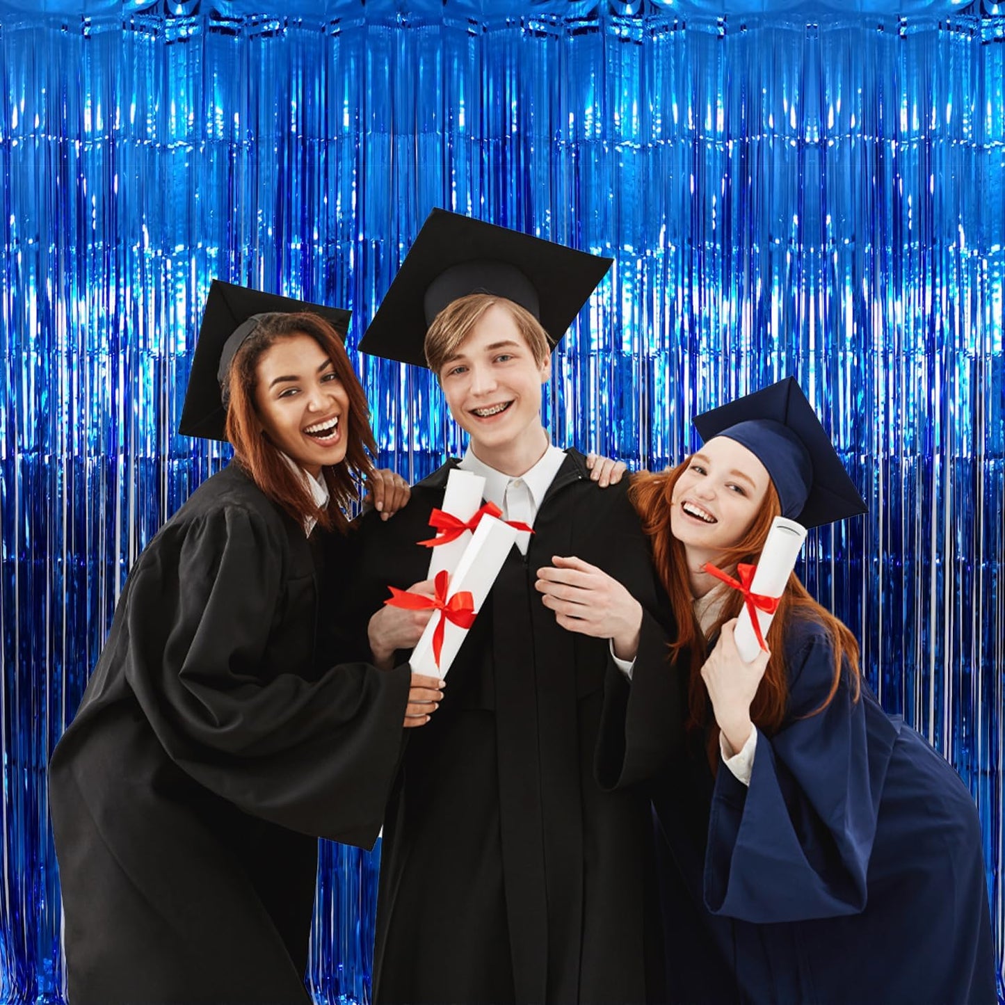 GOER 3.2 ft x 9.8 ft Metallic Tinsel Foil Fringe Curtains Party Photo Backdrop Party Streamers for Birthday,Graduation,New Year Eve Decorations Wedding Decor (Navy Blue,3 pcs)