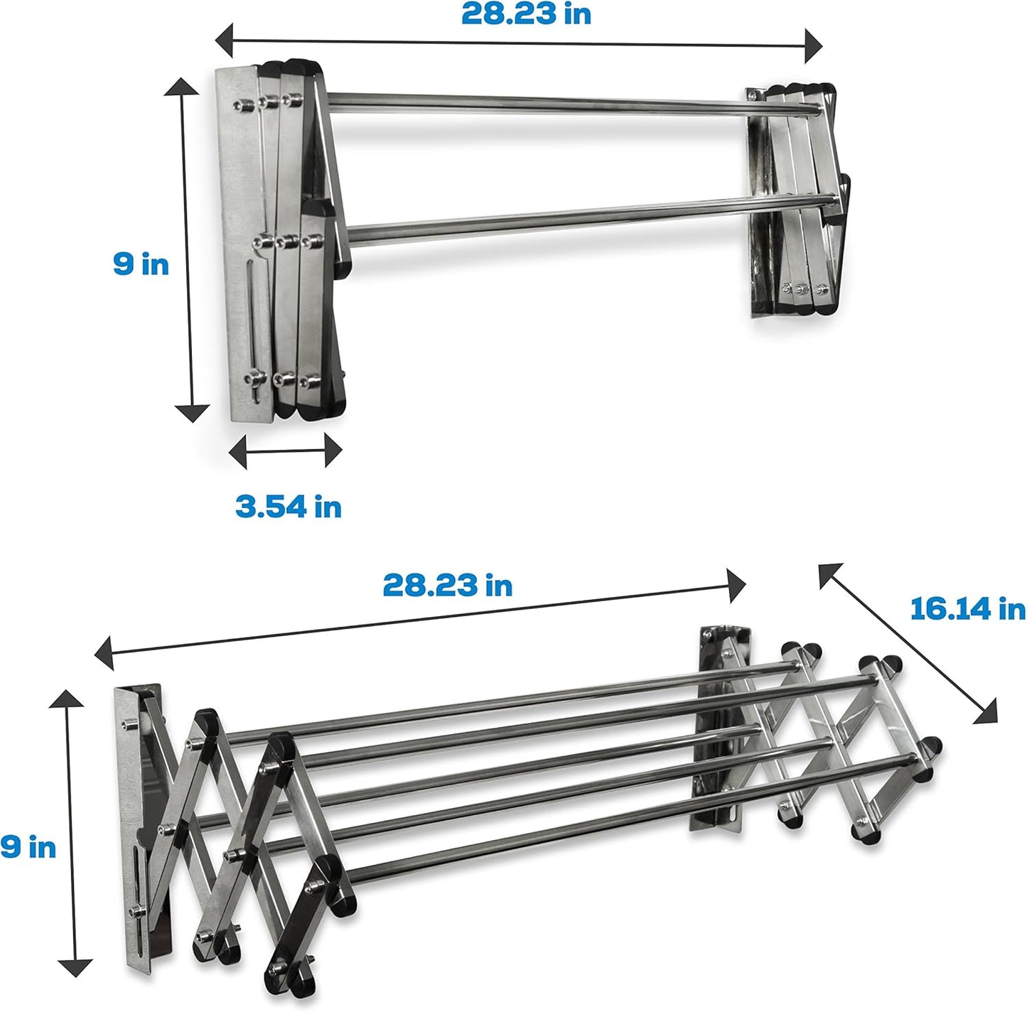 AERO W Racks Stainless Steel Wall Mounted Collapsible Laundry Clothes Drying Rack 45 Pound Capacity 11 Linear Ft