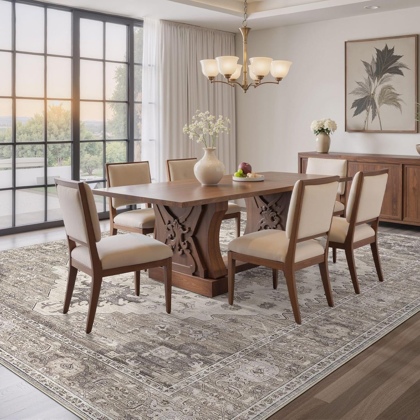 Washable Area Rugs for Living Room -7x10 Neutral Vintage Distressed Floral Farmhouse Boho Large Soft Floor Rug Indoor Non Slip Carpet for Living Room Bedroom Dining Room Office-Brown/Beige