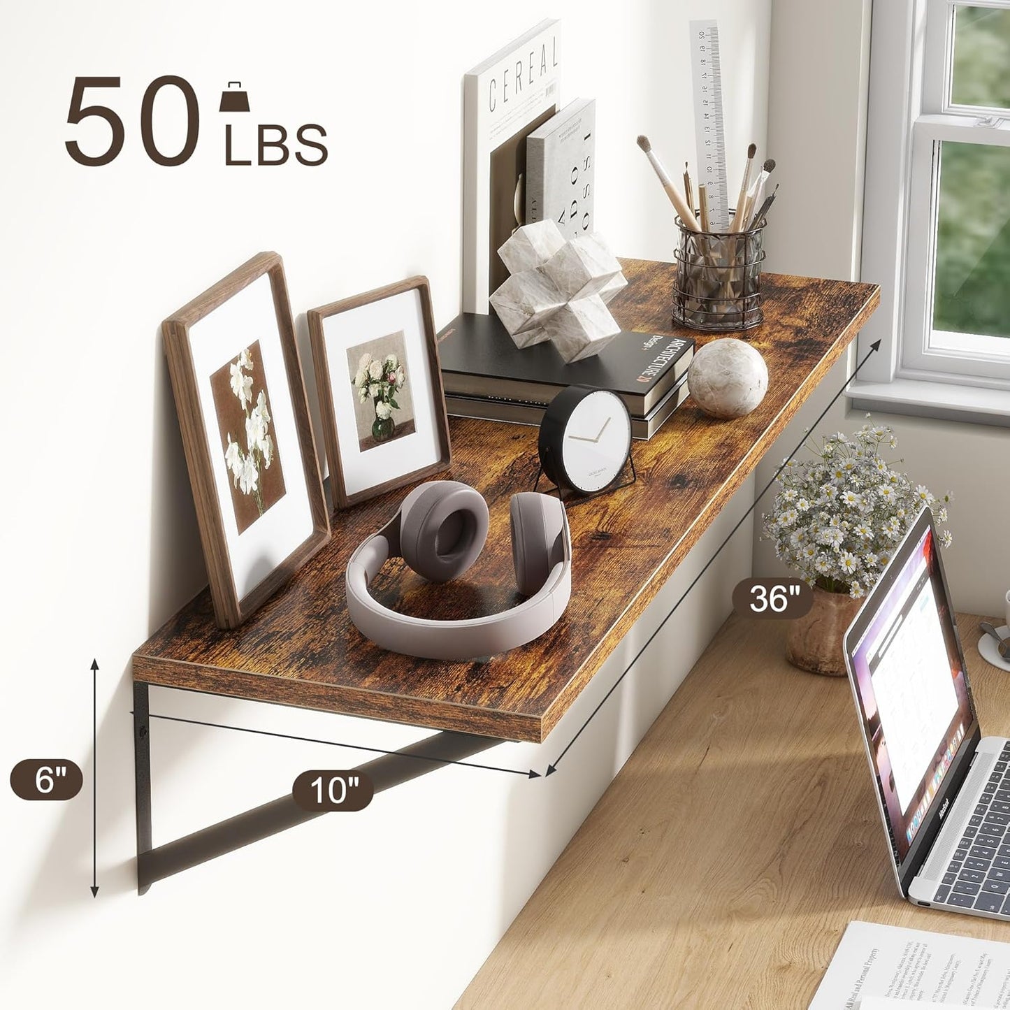 36"W x 10"D Floating Shelves, 10 Inch Deep Floating Shelves, Farmhouse Rustic Deep Wall Shelves for Home Decor, Wide Large Floating Shelf for Bathroom, Living Room, Kitchen, Study Room, Rustic Brown