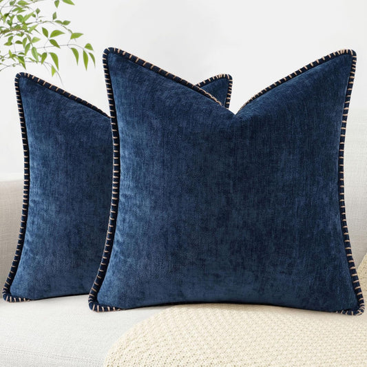 decorUhome Chenille Soft Throw Pillow Covers 18x18 Set of 2, Farmhouse Velvet Neutral Decorative Euro Pillow Covers with Stitched Edge for Couch Sofa Bed Home Decor, Poseidon