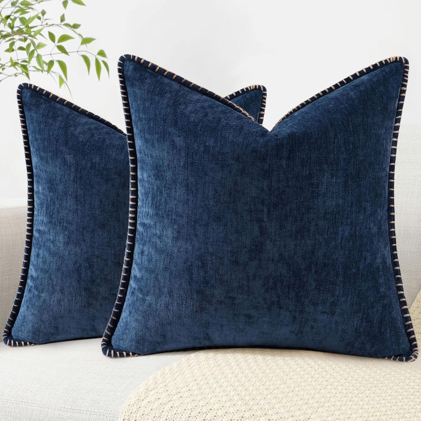 decorUhome Chenille Soft Throw Pillow Covers 20x20 Set of 2, Farmhouse Velvet Neutral Decorative Euro Pillow Covers with Stitched Edge for Couch Sofa Bed Home Decor, Poseidon