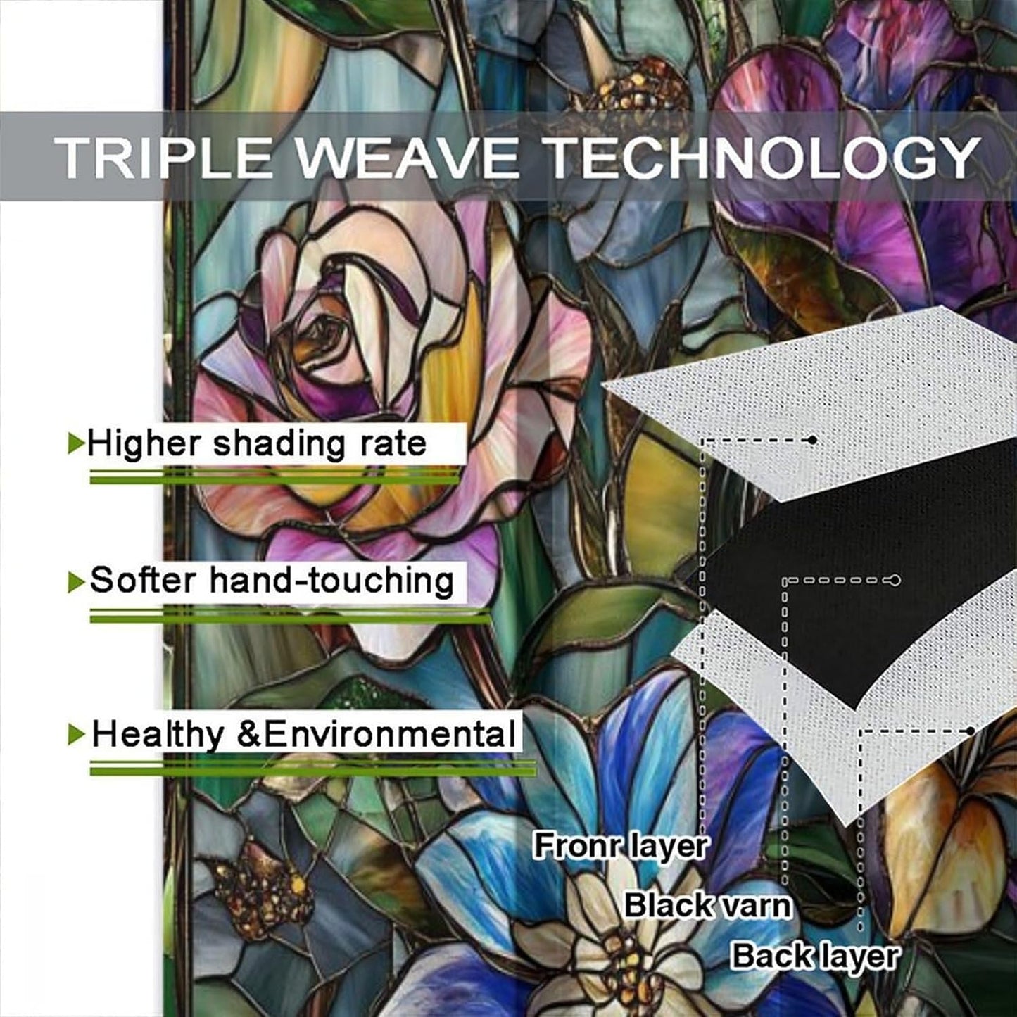 Stained Glass Curtains,Retro Colored Glass Flowers Art Home Decor Drapes for Bedroom Living Room Kitchen Window Treatment 2 Panels Set Total Size 42" W X 45" L Inch