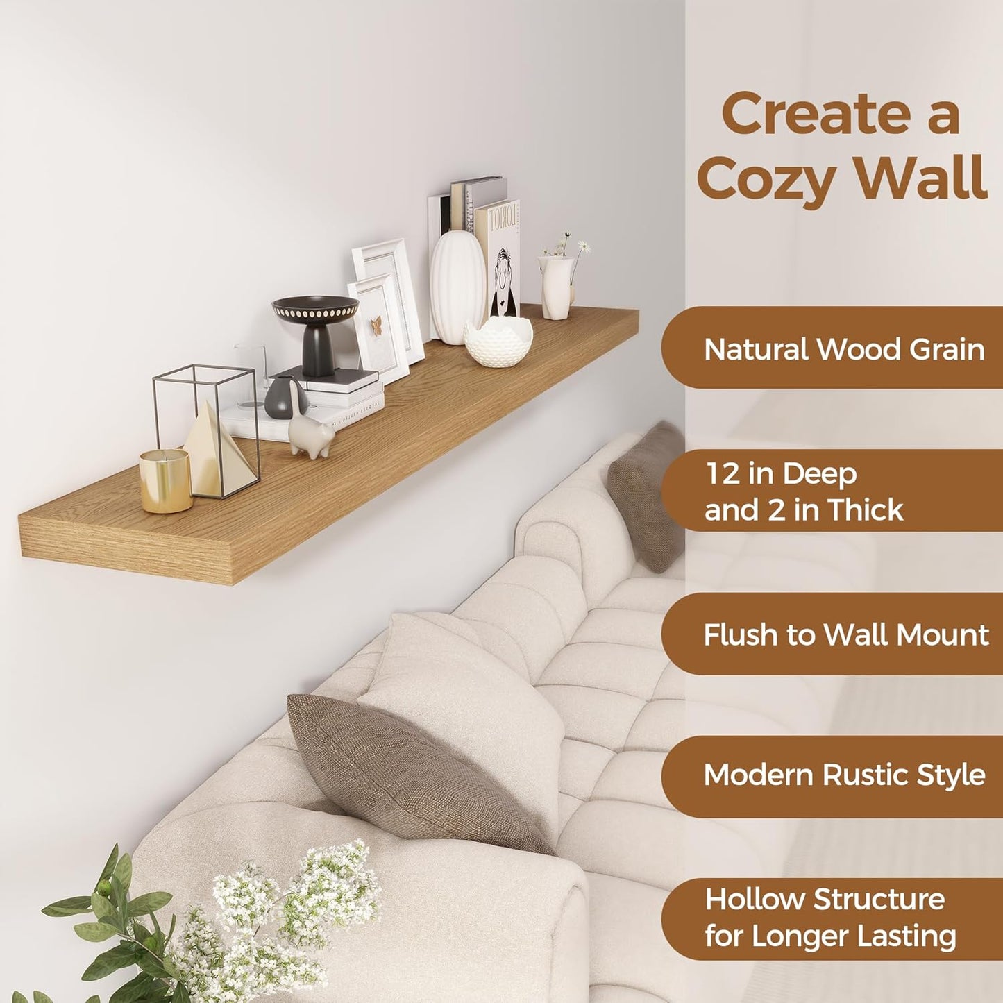 Fun Memories 72 Inch Floating Shelf, 12 Inch Deep Wall Shelf for Fireplace Mantel, Deep Storage Shelves for Home & Office, Wall Shelves with Invisible Bracket, Oak, Set of 1