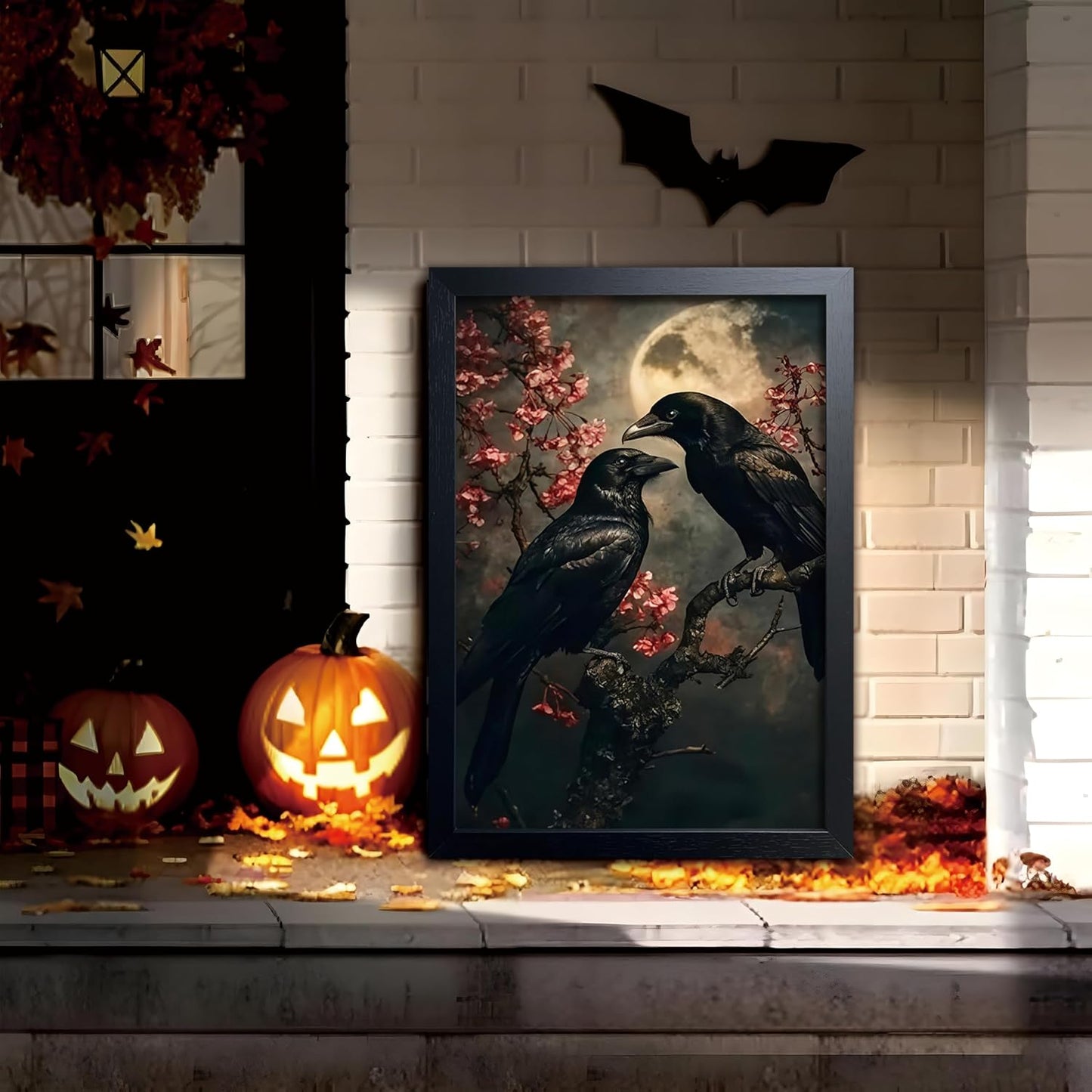 Black Wood Framed Halloween Canvas Wall Art Painting, Vintage Black Crow Cherry Blossom Wall Decor Picture, Dark Academia Gothic Poster Print Photo for Living Room Bedroom Office Decor 16x24 Inch