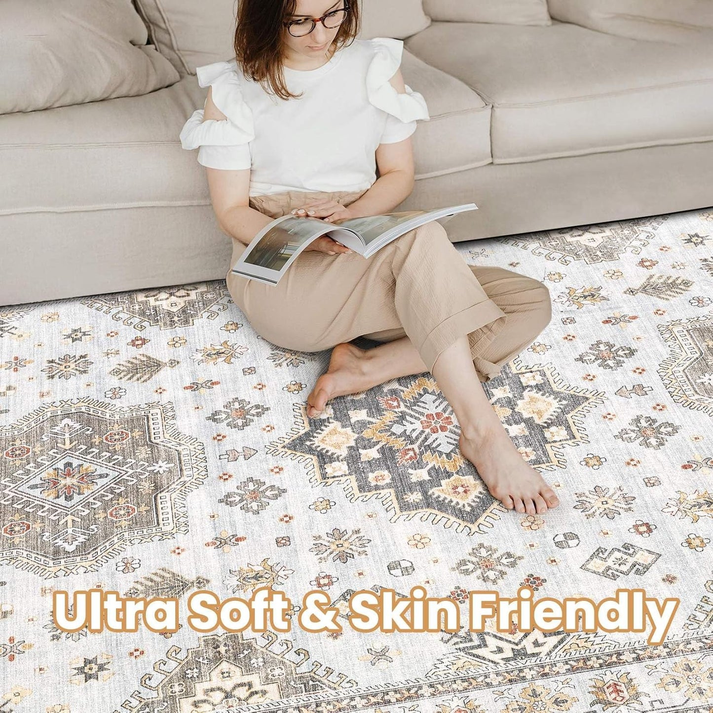 Washable Area Rugs for Living Room -10x13 Neutral Vintage Distressed Floral Farmhouse Boho Large Soft Floor Rug Indoor Non Slip Carpet for Living Room Bedroom Dining Room Office-Blue Brown