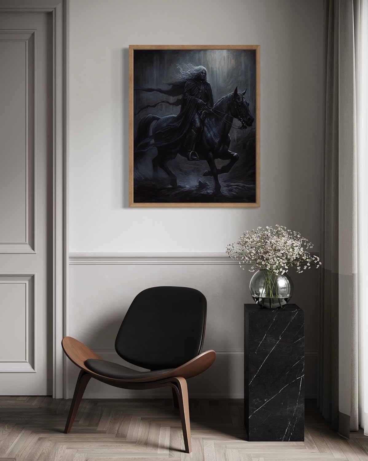 Black Dark Knight Poster Art Print, Halloween Scary Vintage Wall Art Academia Spooky Painting Decoration for Horror Prints, Gothic Posters Bedroom Decor 89 (Black Dark Knight, 11 x 14 inches, Wood Frame)