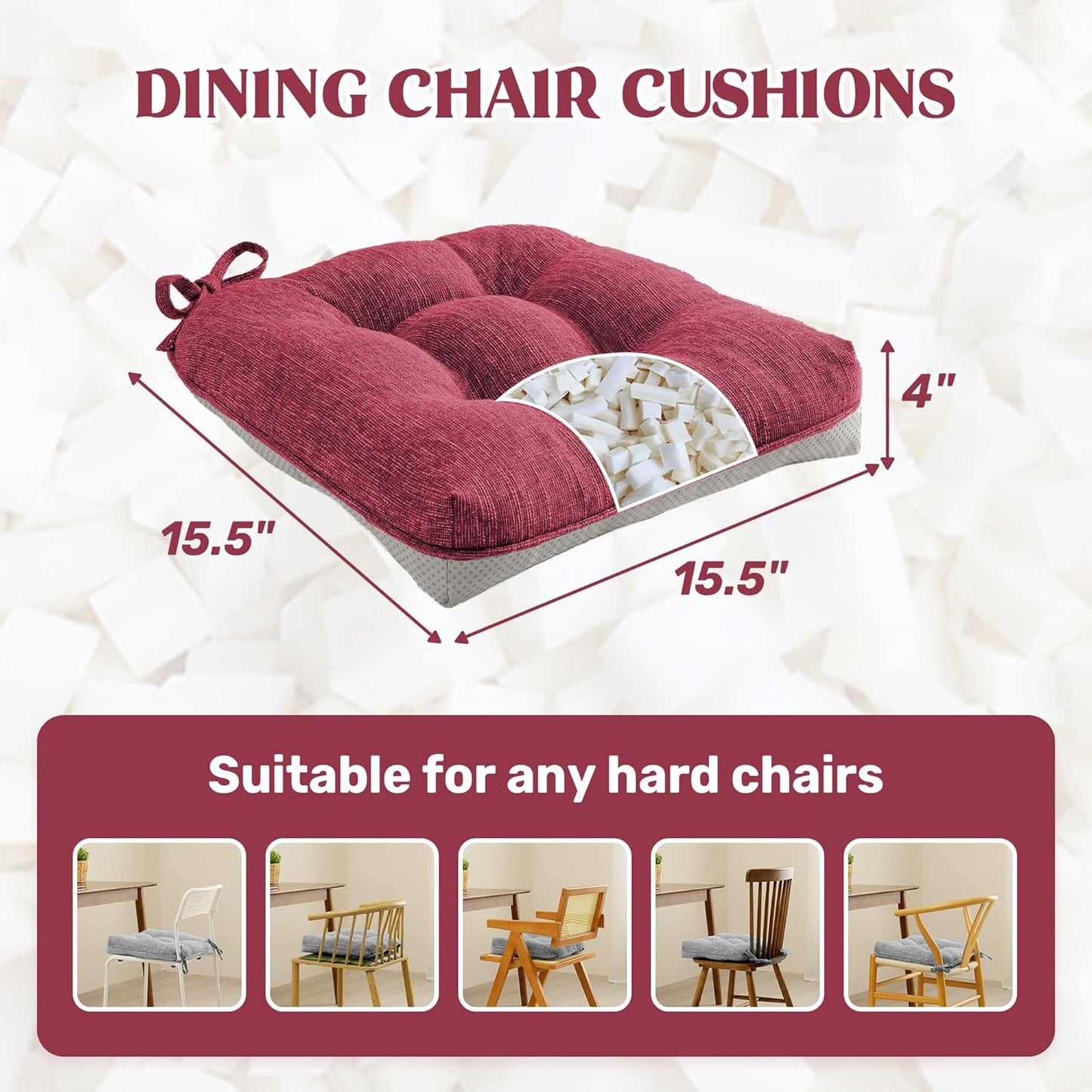 puredown® Chair Cushions for Dining Chairs, Tufted Memory Foam Chair Pads with Non-Slip Backing, Kitchen Seat Cushions with Ties, Washable Pads Set of 4, 15.5" x 15.5" x 4", Wine