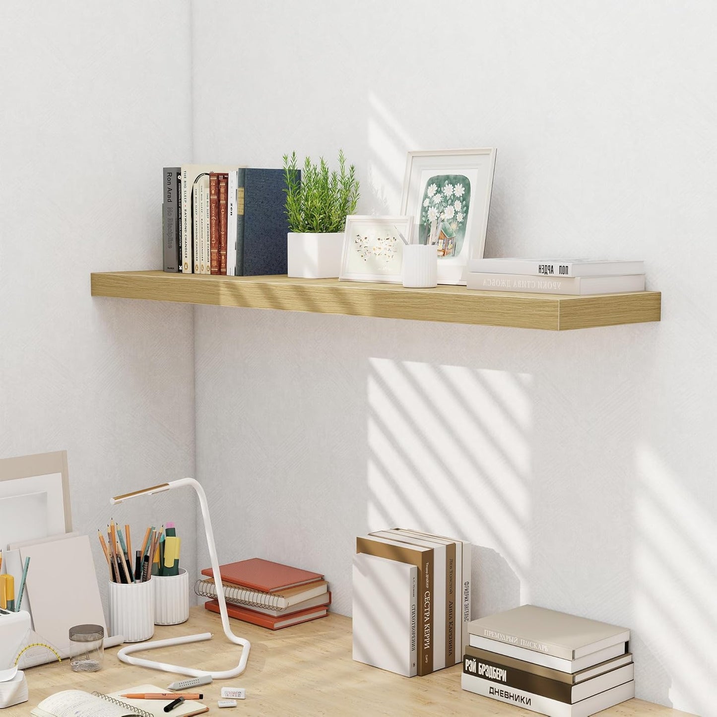 Fun Memories 48 Inch Floating Shelves for Wall - 10 Inch Deep Fireplace Mantel Shelf - Wood Floating Shelves for Wall - Large Storage Shelves Wall Mount for Living Room & Bedroom - Oak - Set of 1