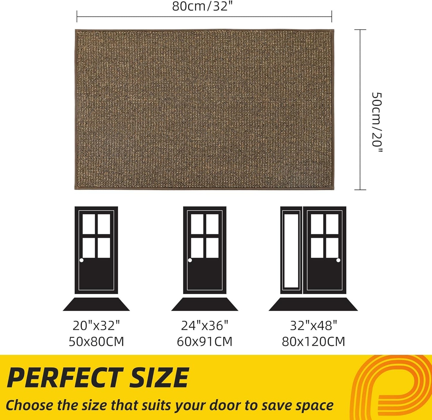 JSEI Dirt Trapper Door Mat 20"x32" Non-Slip Washable Entrance Mat, Dog Doormats, Absorbent & Fade-Resistant Floor Mats, Low Profile Welcome Mats for Entryway, Front Door, and Inside Entrance, Brown