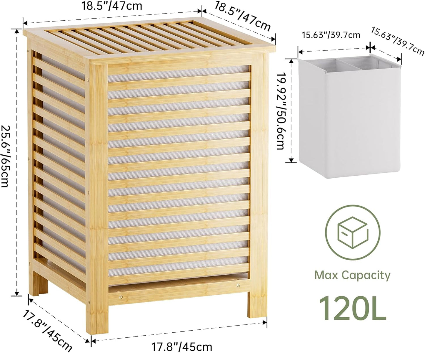 SMIBUY Double Laundry Hamper with Lid, 120L Bamboo Laundry Basket with Removable Liner Bag, 2-Section Clothes Divider Laundry Sorter for Laundry Room, Bathroom, Bedroom (Natural)