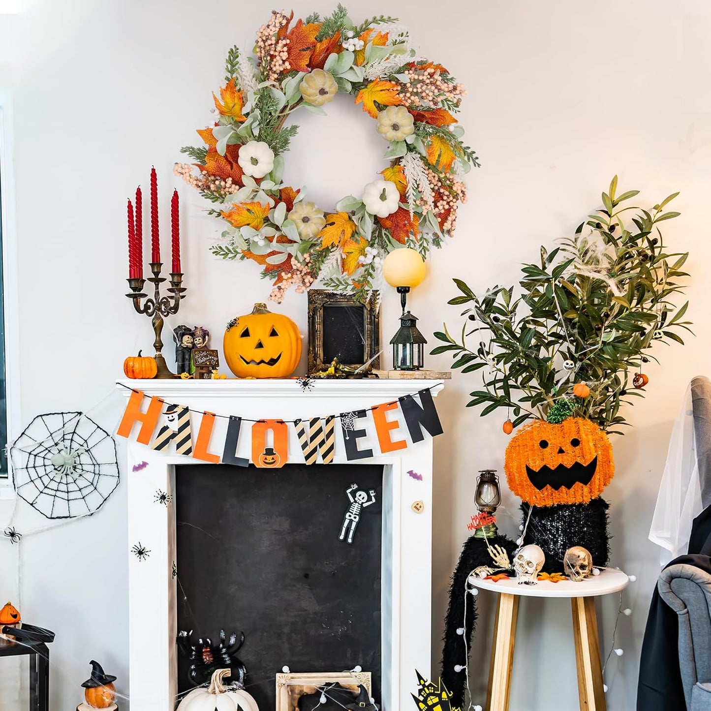 GENMOUS 24inch Fall Wreaths for Front Door, Maple Leaves Autumn Wreath Eucalyptus Berries Pumpkins Lamb Ears Leaves, Porch Wall, Home Outdoor Indoor Thanksgiving Halloween Harvest Holiday Fall Decor