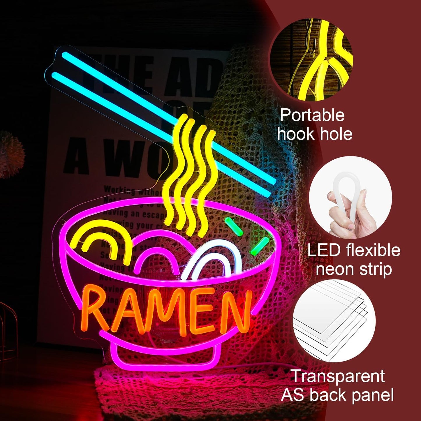 Ramen Neon Sign Dimmable LED Ramen Neon Light for Wall Decor Delicious Noodle Light Up Sign for Ramen Shop Resturant Dinning Room Kitchen (12"*15.5"USB)