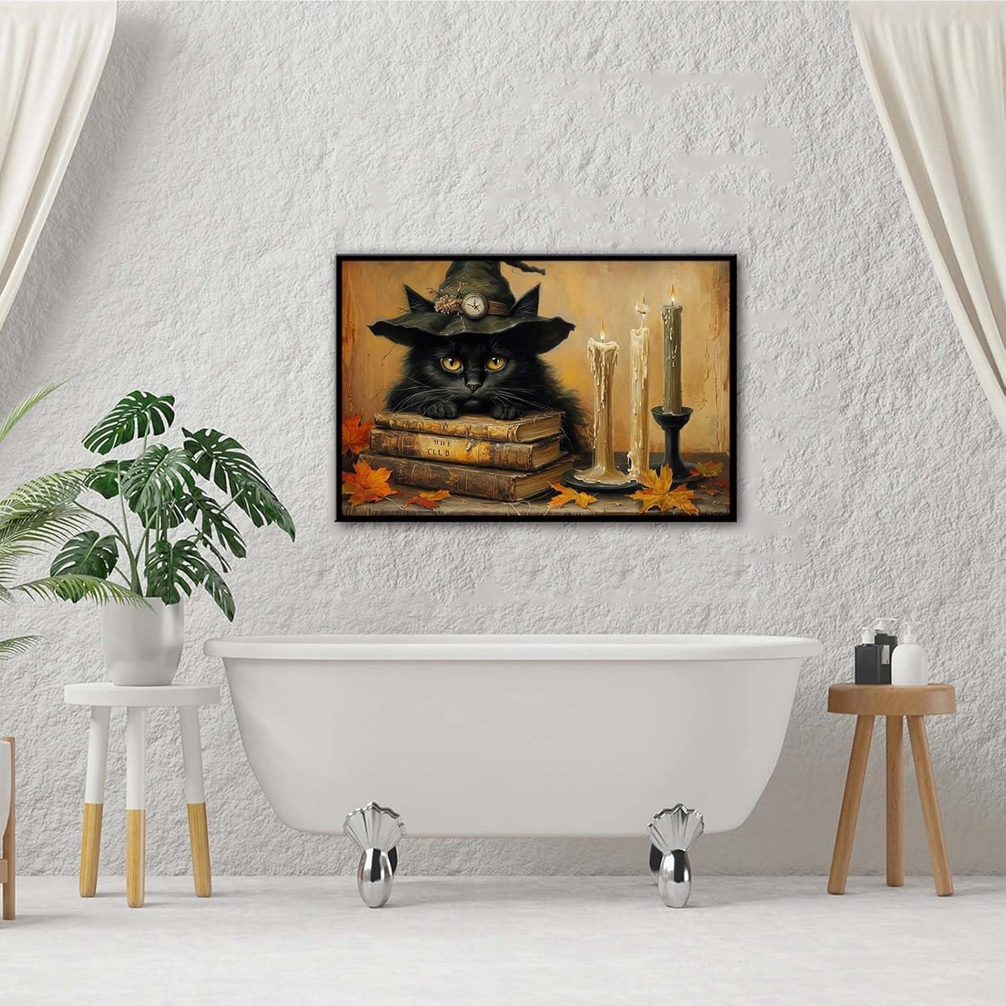 JFHCQJPK Vintage Halloween wall decoration black cat and magic book suitable for home bedroom living room decoration dark classic art witch wall decoration12x16in Metal blackFramed