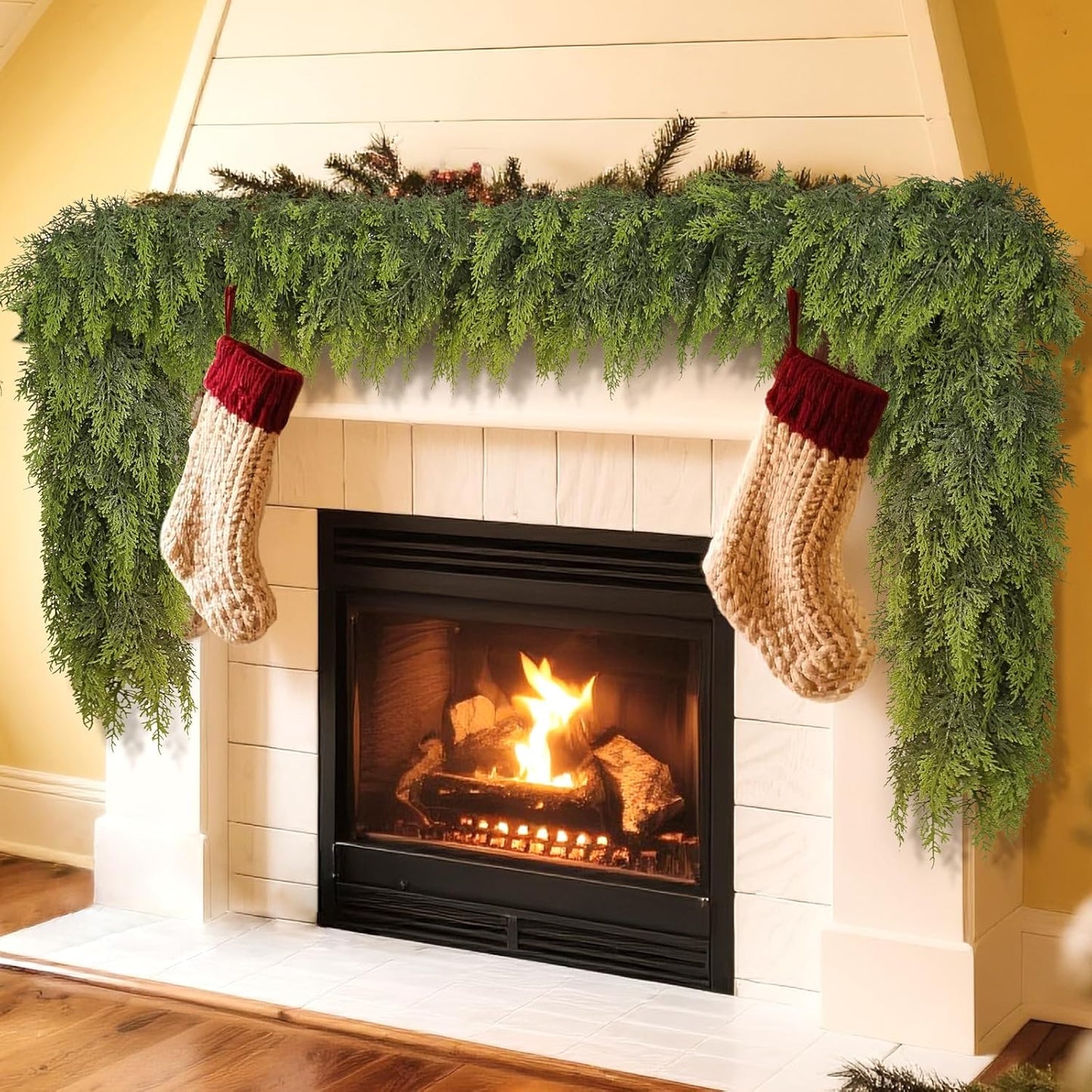 5FT Real Touch Cedar Garland - Artificial Christmas Garland Fake Green Faux Thick and Lush Pine Needles Garlands for Table Fireplace Mantle Holiday Home Indoor Outdoor Decor (2PCS)