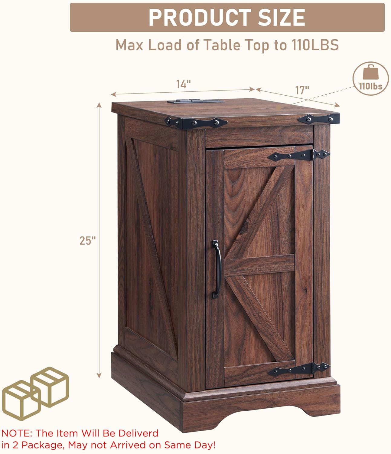 JXQTLINGMU Farmhouse Nightstand Set of 2 with Charging Station, 17" D Rectangular End Table with Barn Door & Adjustable Storage Shelf, Wood Rustic Sofa Side Table for Living Room, Bedroom, Brown