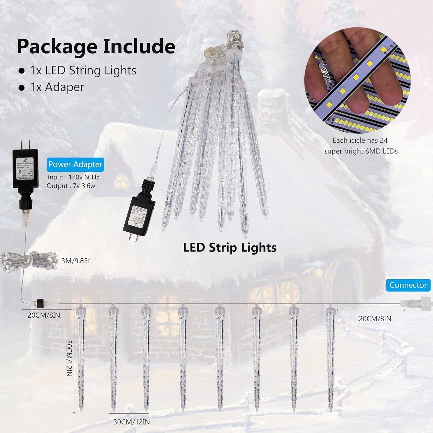 WATERGLIDE Meteor Shower Lights, 12" Outdoor Icicle Christmas Lights 8 Icicles 192 SMD LED Crystal Ice Falling Light, Connectable Raindrop Iciclelight, Xmas Winter Party Tree Holiday Decor, Blue