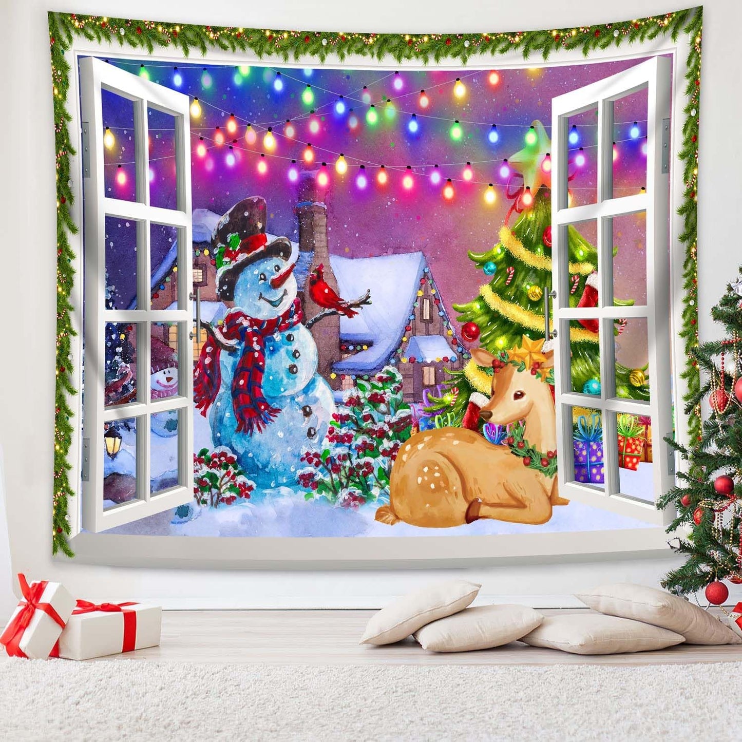 QGHOT Christmas Window Tapestry Wall Hanging, Christmas Backdrop Winter Window Wall Decor Xmas Snowman Deer Tapestries for Bedroom Living Room Dorm Holiday Party Decoration, Extra Large