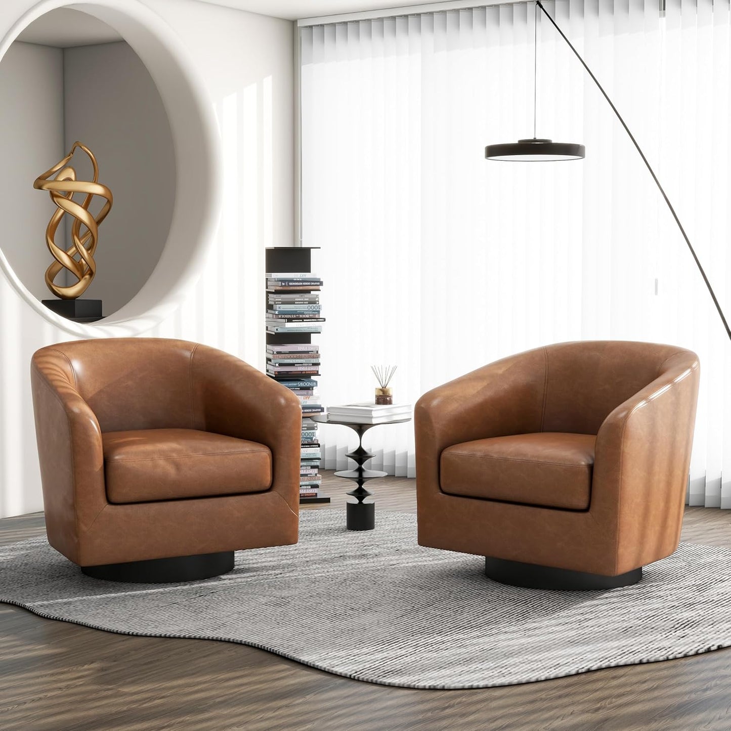 Swivel Barrel Accent Chair, Modern Round Faux Leather Arm Chair for Living Room, Bedroom, Comfy Club Reading Chairs for Adults-Faux Leather, Brown, Set of 1