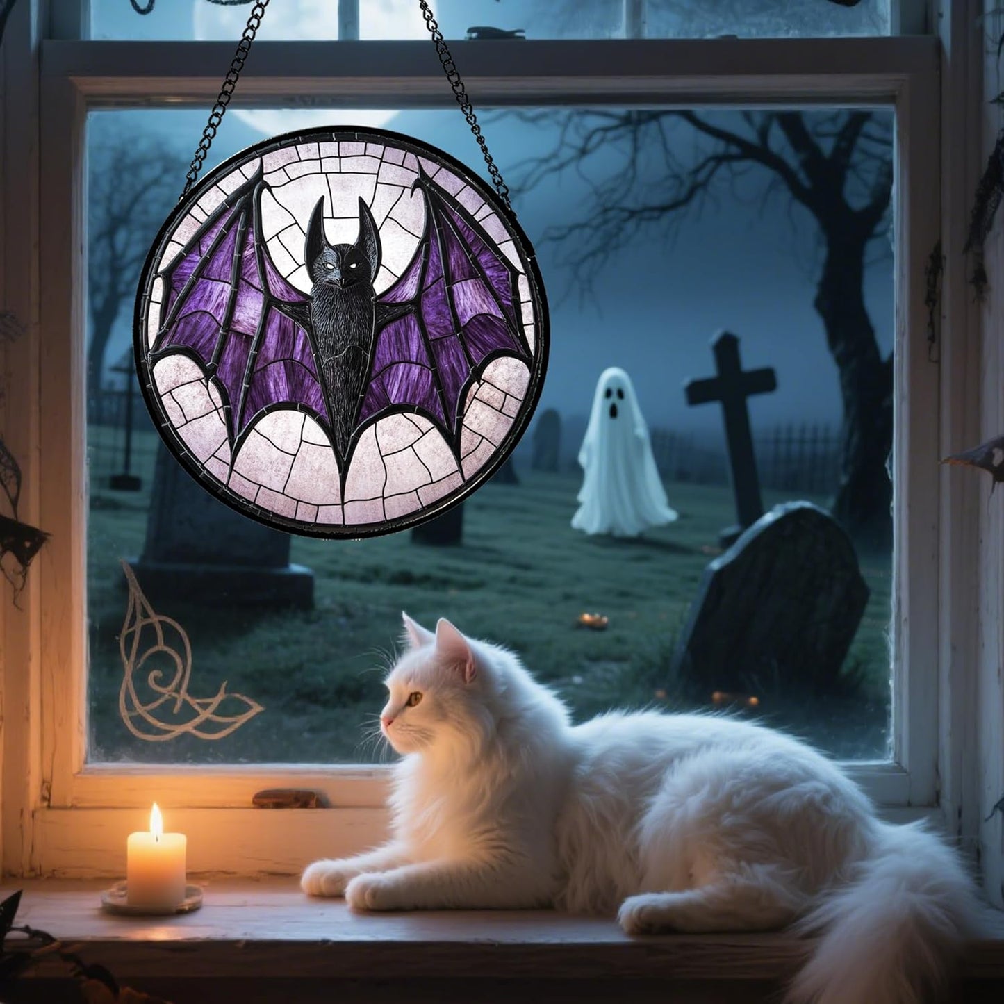 Stained Glass Window Hanging - Halloween Black Bat Purple Wings Monster Suncatcher for Doors Garden Home Spooky Sun Catchers Gothic Decor Horror Gift for Women Men Friend Boy Girl 11.8 in