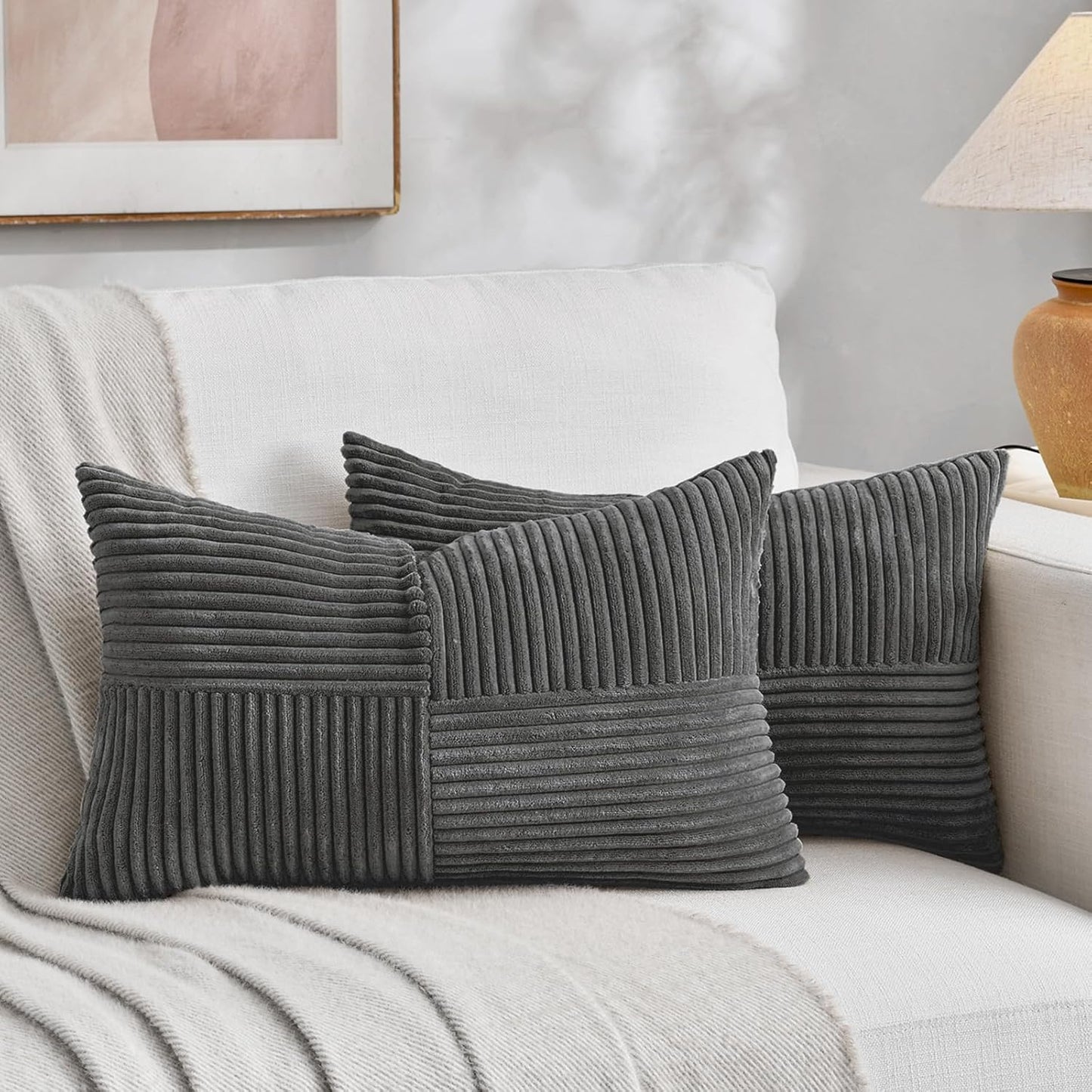 Fancy Homi 2 Packs Dark Gray Lumbar Decorative Throw Pillow Covers 20x28 Inch for Living Room Couch Bed Sofa, Farmhouse Home Decor, Soft Striped Corduroy Rectangle Accent Cushion Case 50x70 cm
