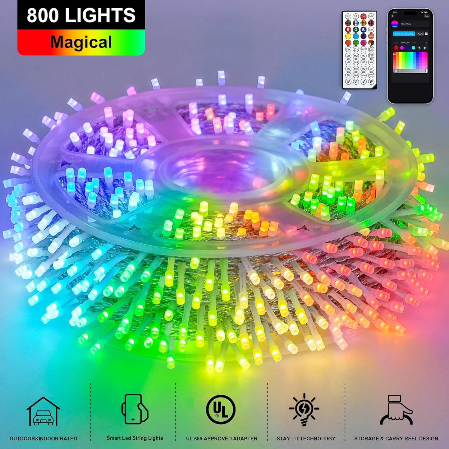 JMEXSUSS 800 LED RGB String Light Outdoor Indoor, Christmas Lights Outdoor Clear Wire Christmas Lights Plug in for Bedroom Tree Room Party Birthday Decorations