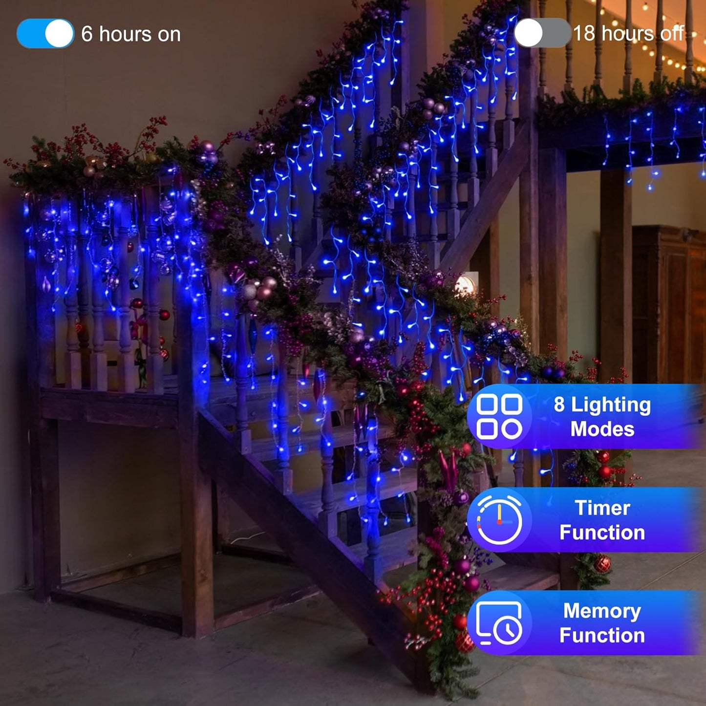 648 LED Christmas Lights with 144 Drops, 66ft 8 Modes Christmas String Lights Outdoor, Waterproof Christmas Decorations Fairy Lights with Timer Memory for Xmas Party Patio Window Fence Blue