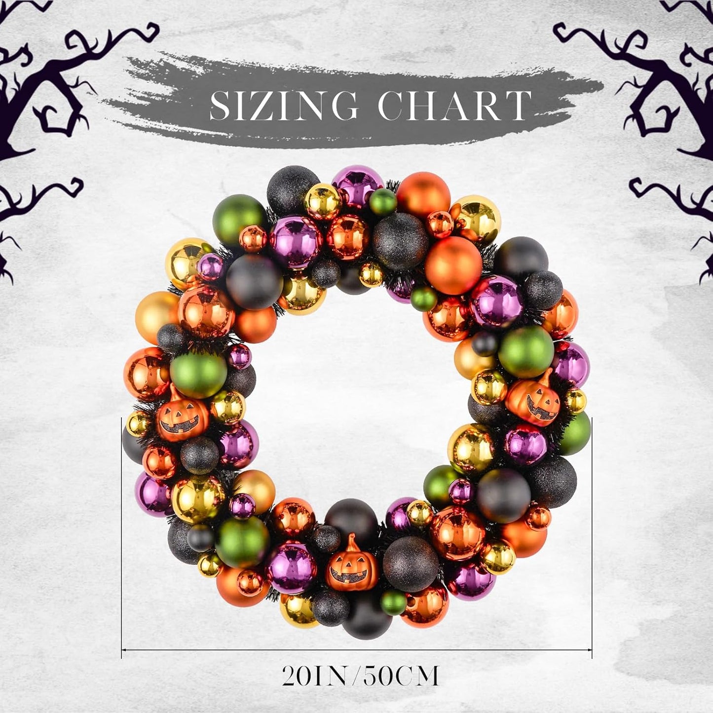 JORNOY 20inch Large Halloween Ball Wreath with Ghost & Pumpkin Accents - Seasonal Orange/Black Wall Hanging, Front Door, Mantel, Porch Decor for Home