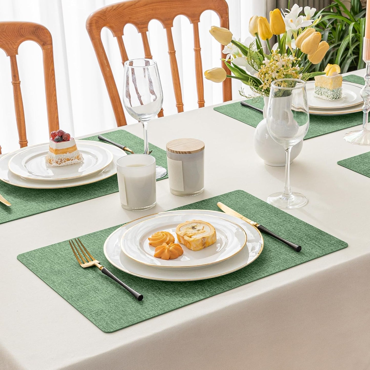 Romanstile Vinyl Placemats Set of 6-12 X 18 Inch - Heat Resistant Place Mats 100% Waterproof Oilproof Wipeable Reversible Faux Leather Table Mats for Kitchen/Dining/Party/Outdoor, Dark Green