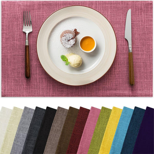 Placemats Set of 6, Bilayer Thickened Linen Place Mats Heat Resistant Machine Washable Wrinkle Free Carefully Selected Polyester Mats for Kitchen/Dining/Coffee Table (Pink)