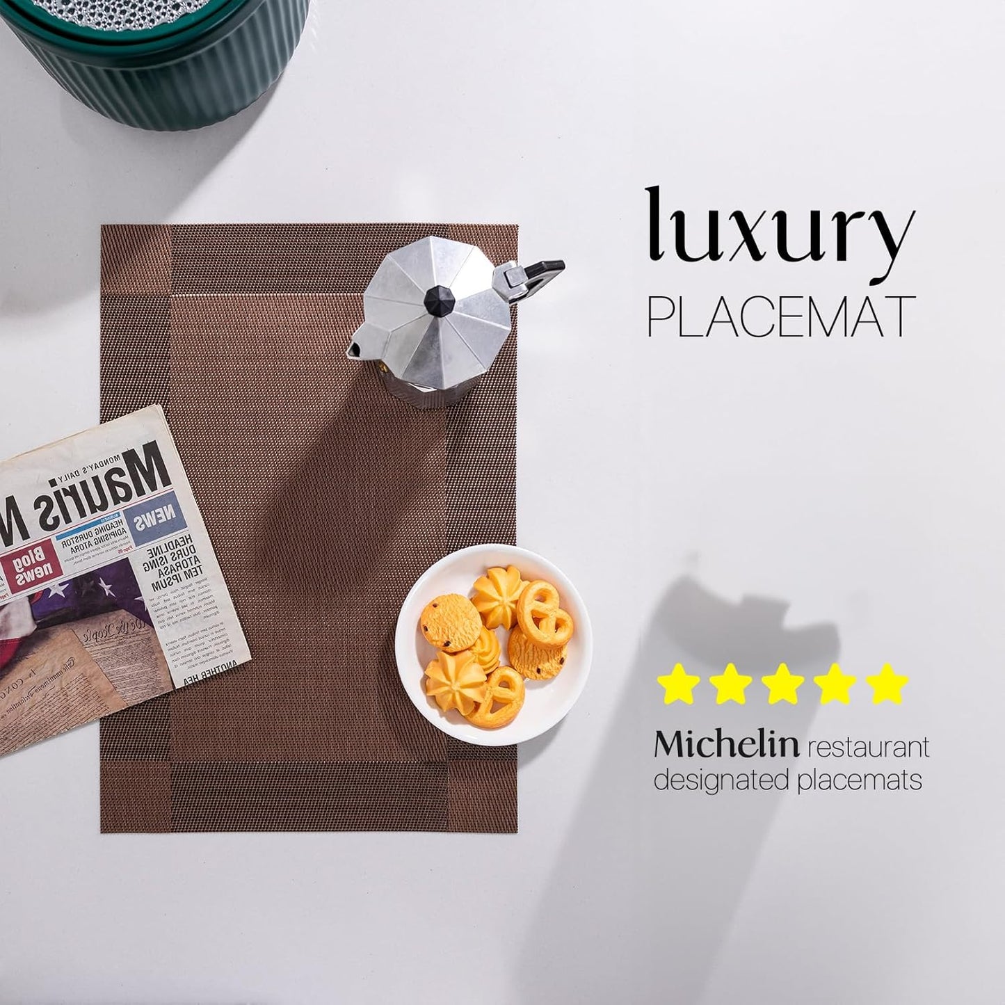 LEXMORE Placemats Set of 6 Vinyl/Plastic Woven Place Mats for Kitchen Table Indoor/Outdoor Washable Placemat Wipeable Dining Table Mats(Brown Cube)