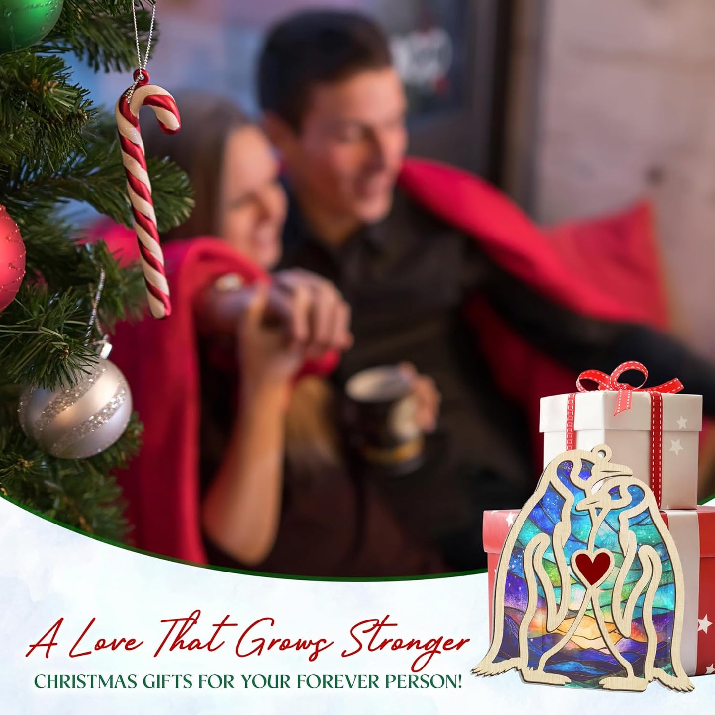 TEEZWONDER Anniversary Couple Gifts for Men Women - Suncatcher Christmas Ornaments 2025 Tree Decorations with Card - Penguin Gifts for Her Him, Husband Wife Birthday Gift Ideas Christmas Decorations