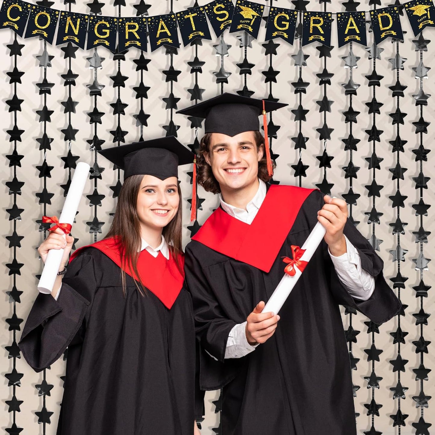 LOLStar Black Stars Happy to my 20s Birthday Decorations for Men Boy 2Pack 3.3X6.6ft Each Black Backdrop Star Foil Fringe Curtains for Graduation Decorations Class of 2025 New Years Eve Party Supplies