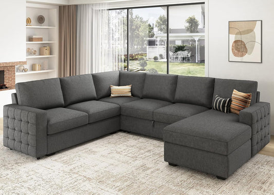 HONBAY Sectional Sleeper Sofa with Pull Out Bed U-Shape Sectional Couch Sleeper Bed with Storage Chaise 6 Seater, Light Grey