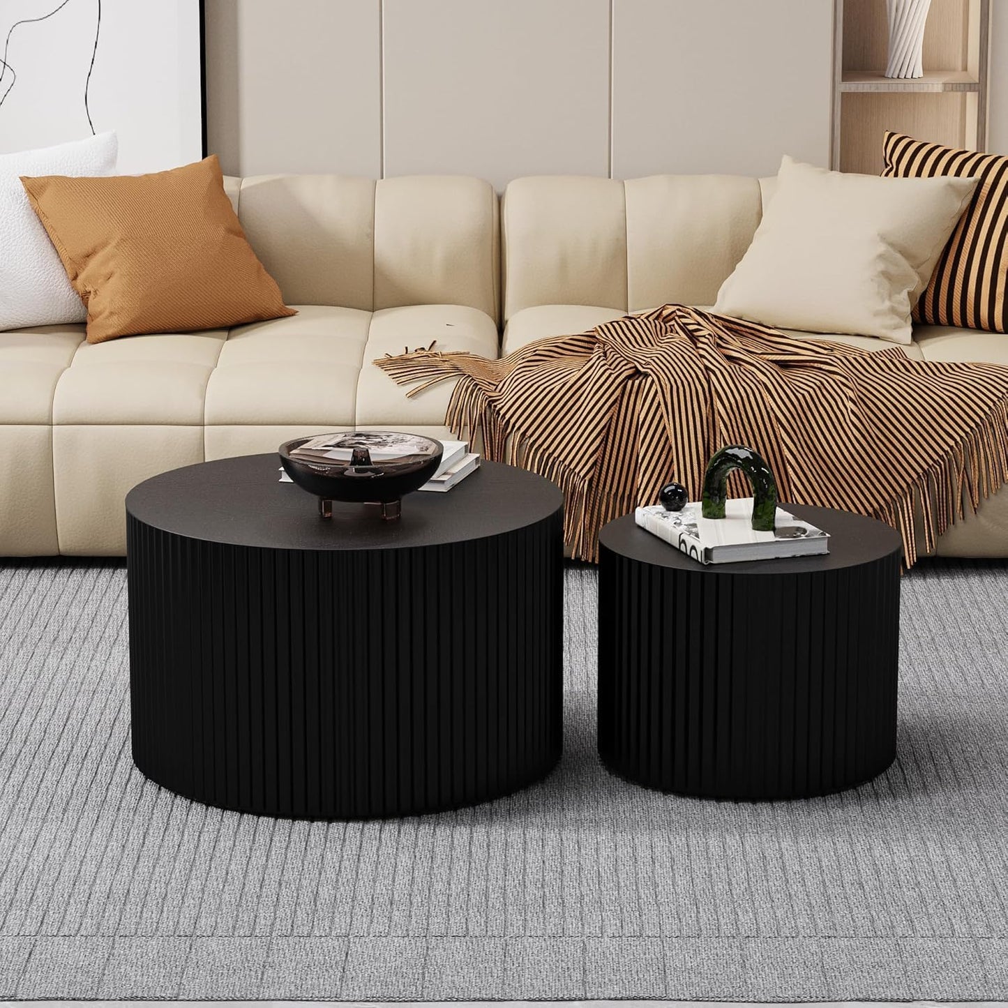 Round Coffee Table Set of 2, Nesting Coffee Table and End Table Set Small Circle Drum Side Table for Living Room Office, No Assembly (A Black Small)