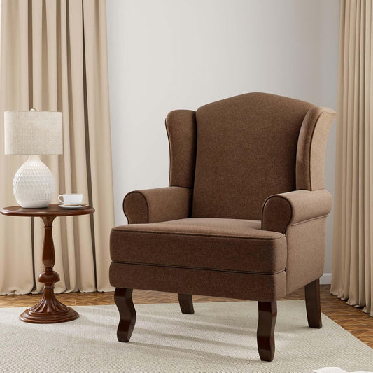 Accent Chair, High Back Upholstered Armchair with High Resilience Sponge & Wood Legs, Mid-Century Modern Comfy Single Sofa Reading Chairs for Living Room, Bedroom (Brown, Set of 1)