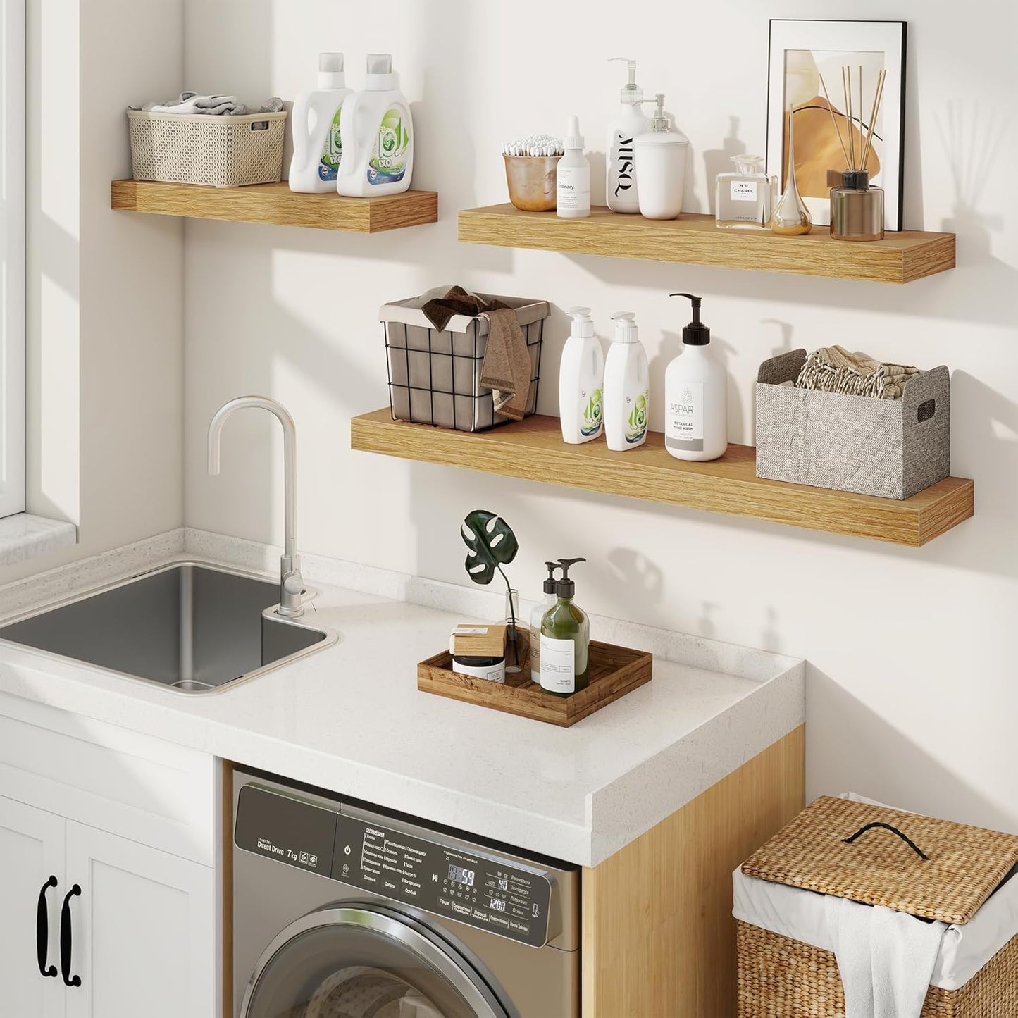 fuqing Floating Shelves for Wall, Bathroom Shelf Wall Mounted for Storage, Shelves with Invisible Bracket for Bedroom, Kitchen, Living Room, Farmhouse Small Book Shelf, 24 Inch Set of 2, Oak