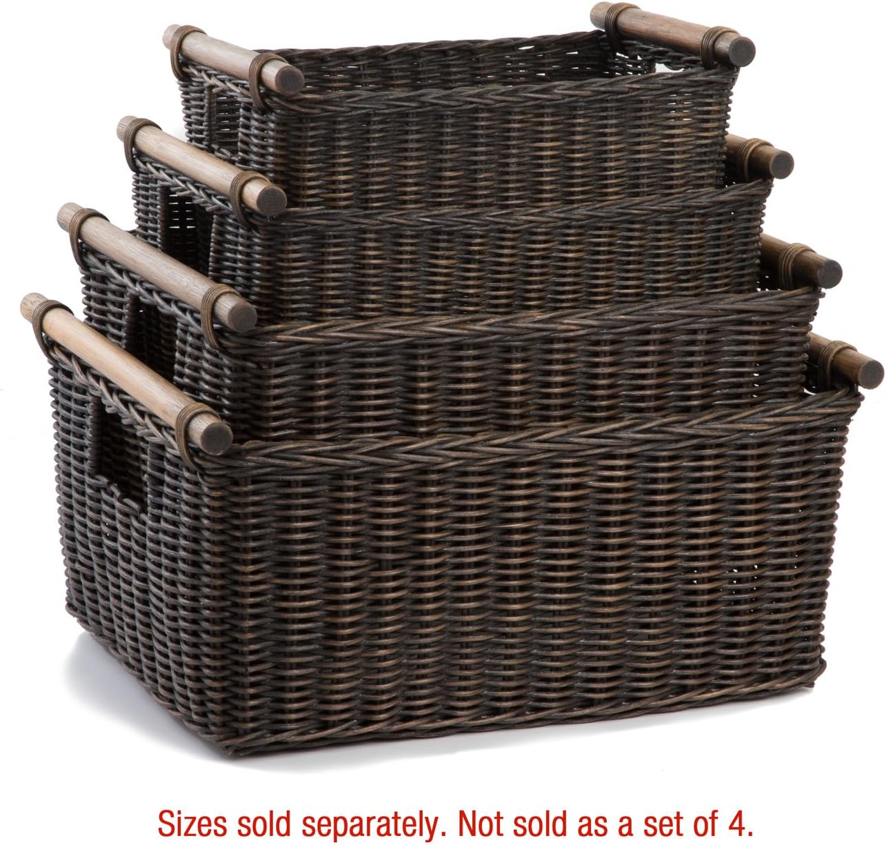 The Basket Lady Pole Handle Wicker Storage Basket, Small, 14 in L x 10 in W x 7.5 in H, Antique Walnut Brown
