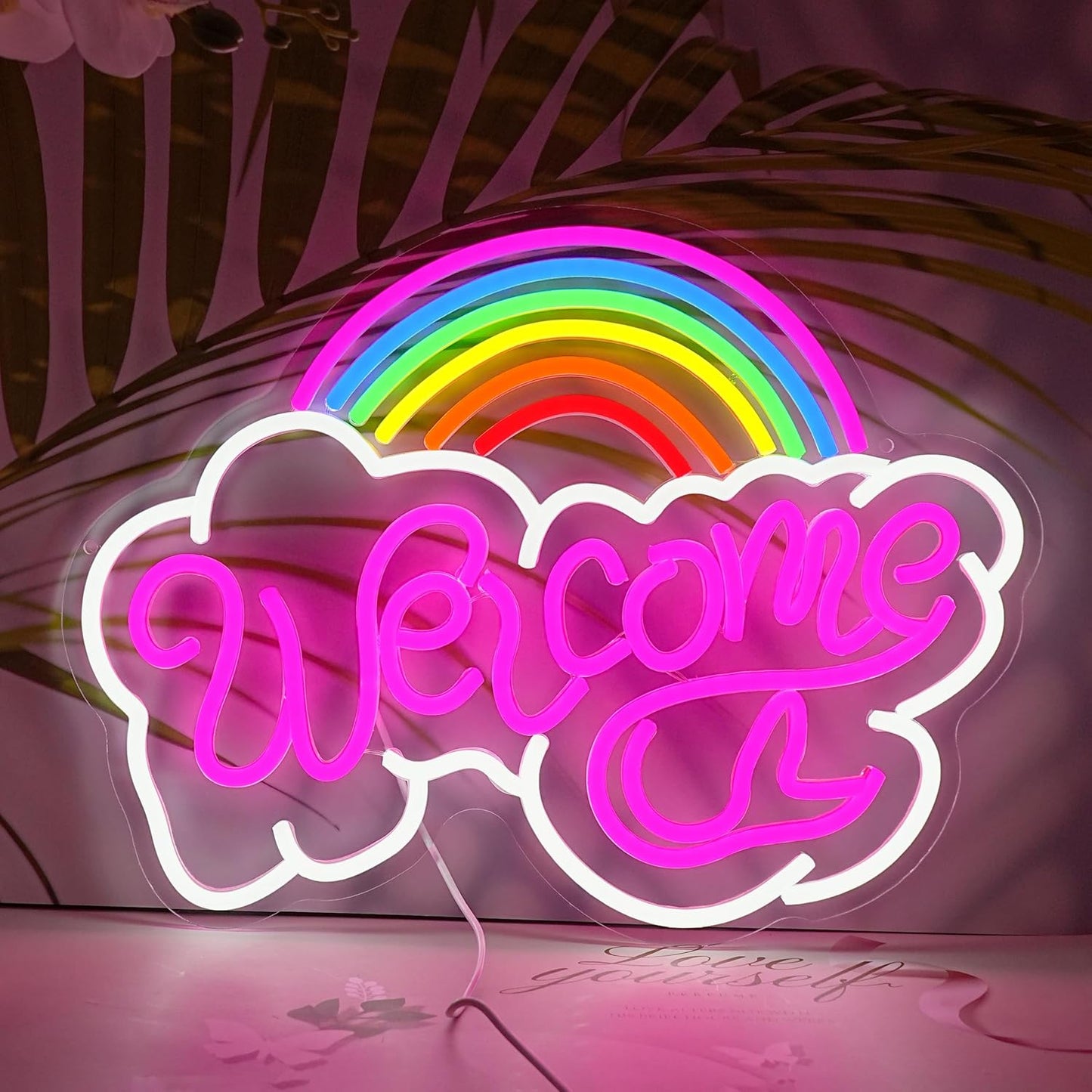 LISIGNVE Rainbow Welcome Neon Sign Cloud Light Up Sign Welcome Led Sign Rainbow Neon Light with USB for Bedroom Wedding Party School Business Wall Decor (16.5”*12.6”)