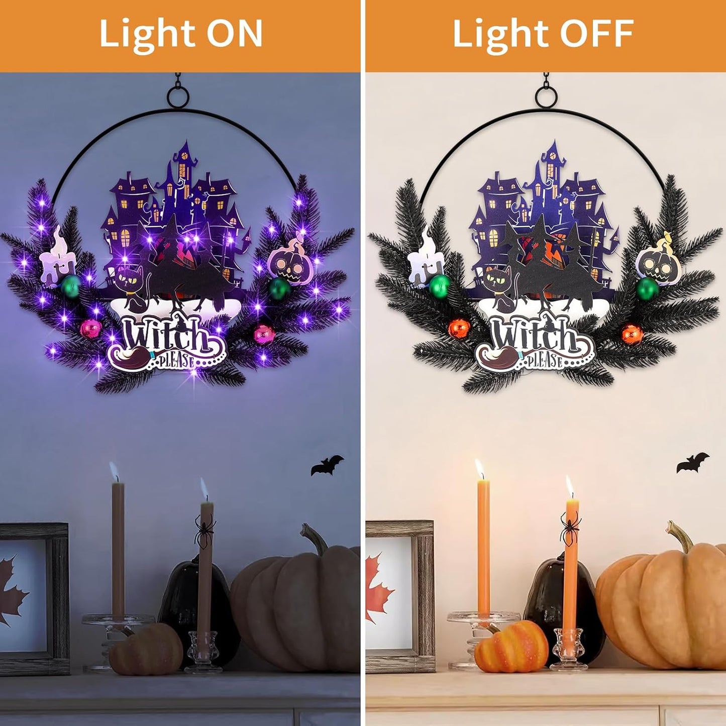Lighted Halloween Wreaths for Front Door, Welcome Metal Wooden Door Wreath Decor Hanging Sign, 30 LED Lighted Wall Decor Battery Operated for Halloween Indoor Outdoor (Witch)