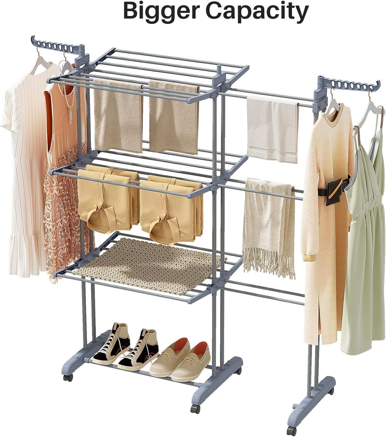 Kitstorack Clothes Drying Rack - Foldable Movable Clothes Rack Drying 30.0" W to 59.0" W Extensible Drying Rack Clothing Oversized 4-Tier Stainless Steel Large Clothes Rack Drying Indoor and Outdoor