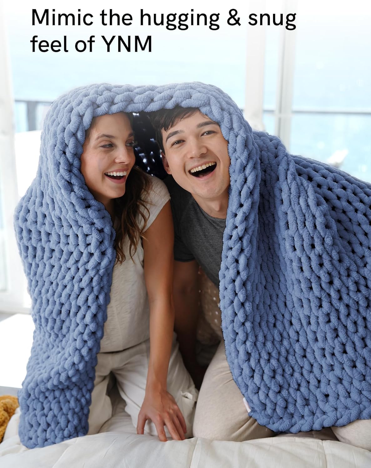 YnM Chunky Throw Blanket, Medium-Weight, Hand Knitted with Chenille Yarn, Skin Friendly, Ventilated and Breathable, Machine Washable, Home Décor Piece for Couch Sofa and Bed (Chambray Blue 30x40 Inch)