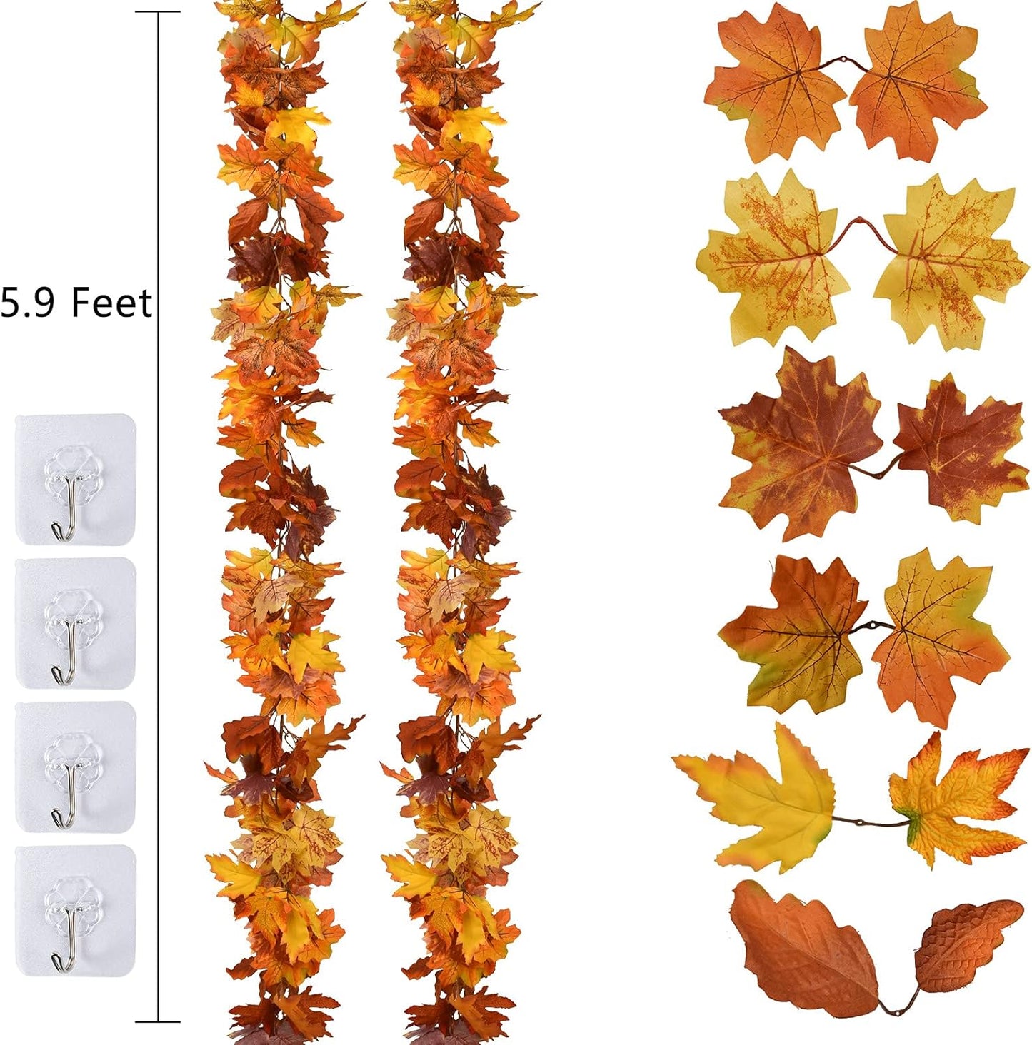 DearHouse 2 Pack Fall Maple Leaf Garland - 5.9Ft/Piece Hanging Vine Artificial Autumn Foliage for Thanksgiving, Home, Wedding, Fireplace, Party, Christmas Decor (Light Orange)