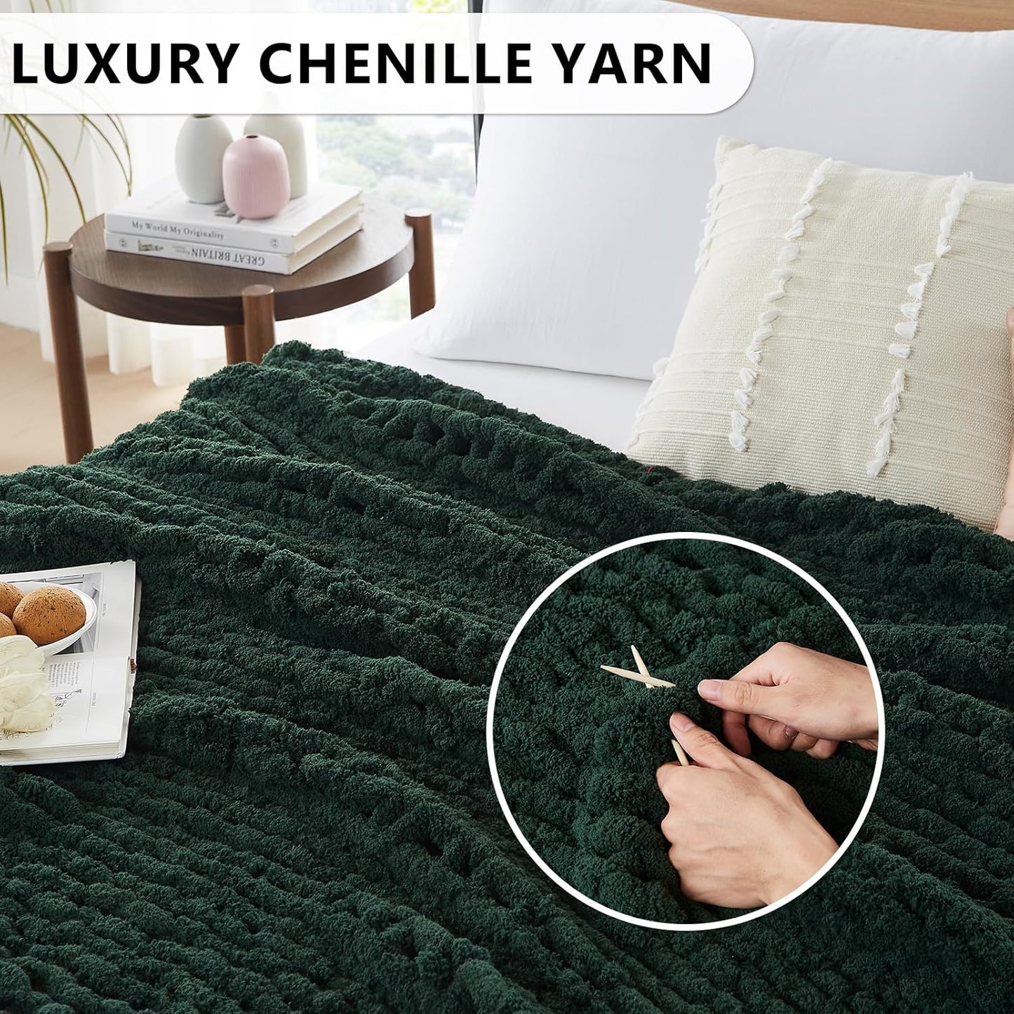 L'AGRATY Chunky Knit Blanket Throw - Soft Chunky Throw Blanket 40x50: 100% Hand Kintted Chenile Crochet Throw Blanket for Couch - Large Cable Knit Chunky Blanket for Home Decor(Olive Green)