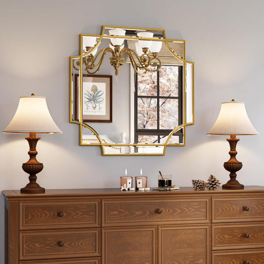 Kelly Miller Gold Framed Mirror for Wall, 26"x26" Gold Square Wall Mirror Vanity Mirror Decorative Mirror Beveled Wall Decor for Bathroom Powder Room Living Room Bedroom Bedside Table Entryway Hallway