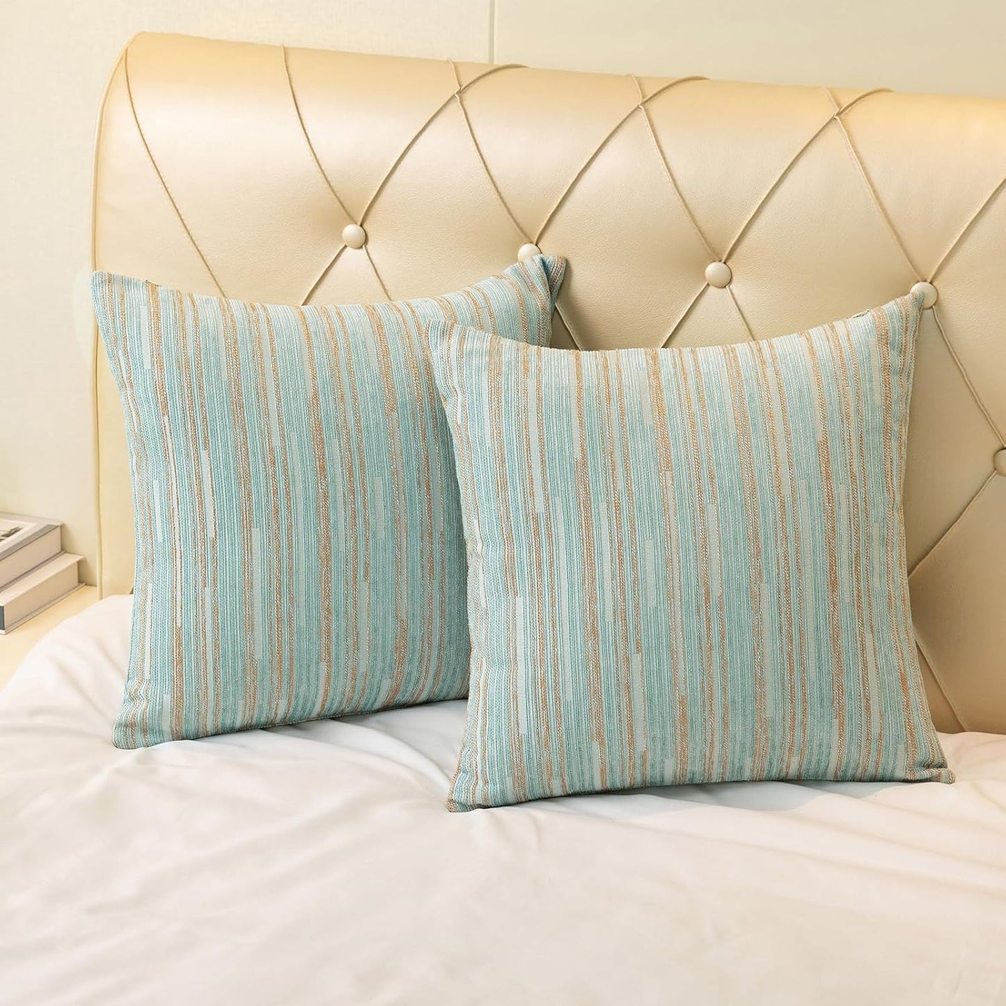 Yeiotsy Pillow Cases Blue, Pack of 2, Decorative Throw Pillow Covers Striped Bohemia Couch Cushion Covers for Sofa Home Decor (Light Blue, 18 X 18 Inches)